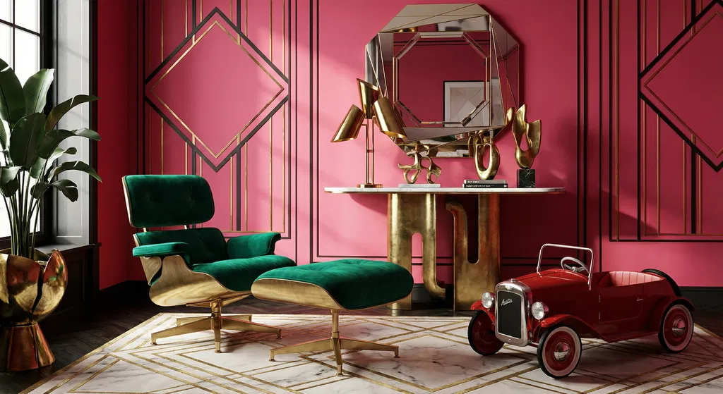 Pink room with green velvet lounge and vintage car
