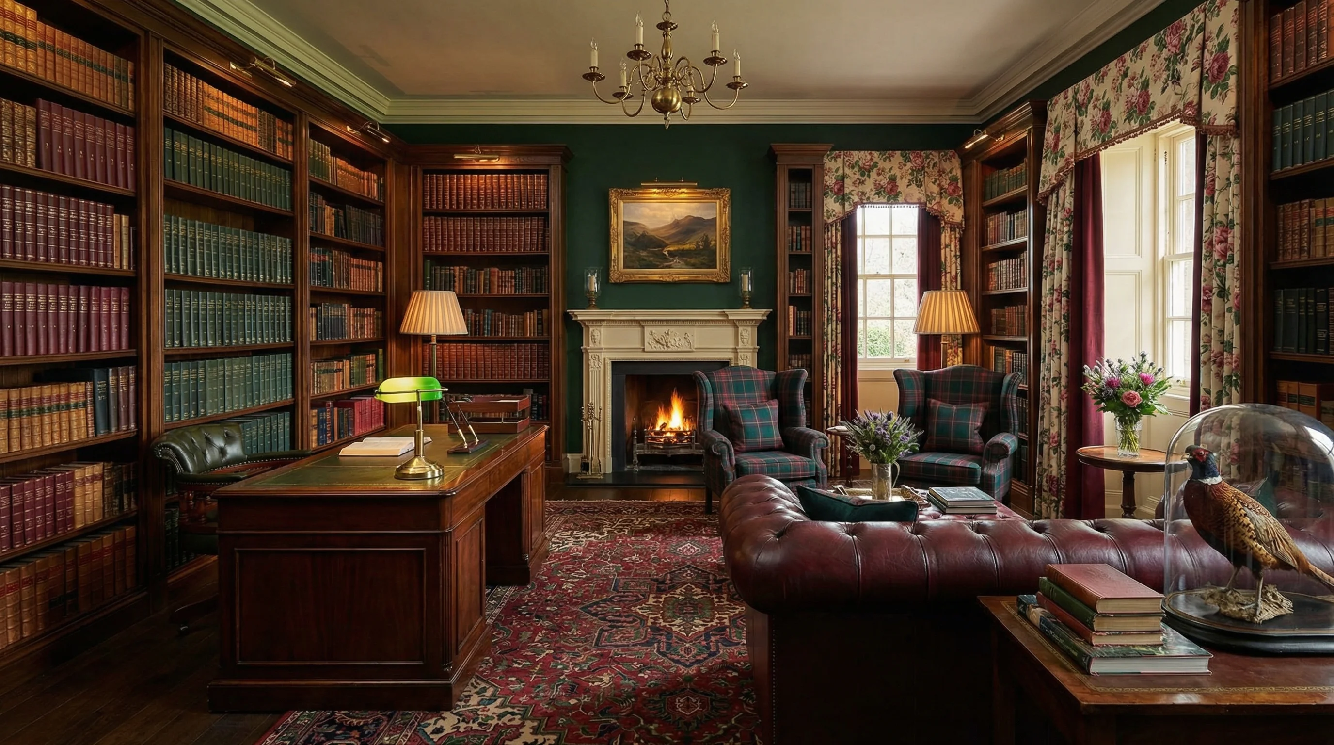 Library with leather-bound volumes