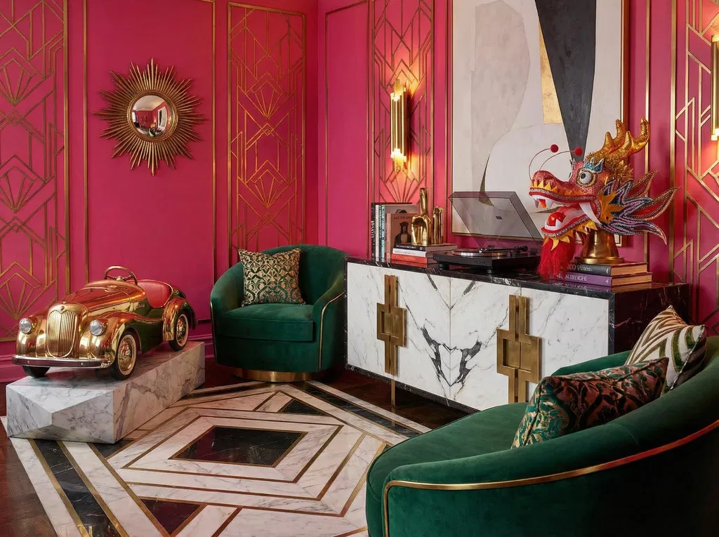 Pink room with Chinese dragon and vintage car